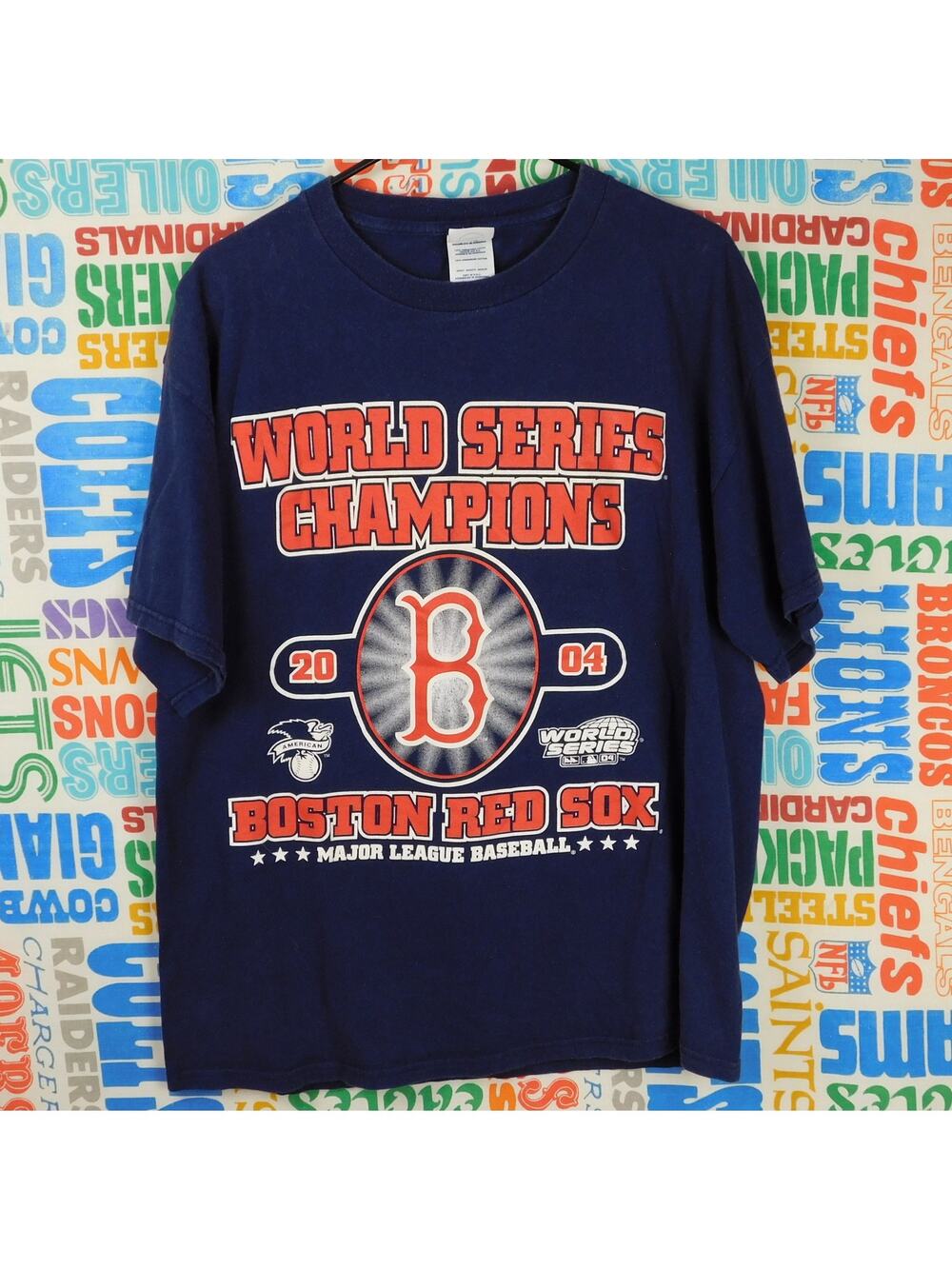 Boston Red Sox 2004 World Series Champs Roster T Shirt Size L Blue Double Sided